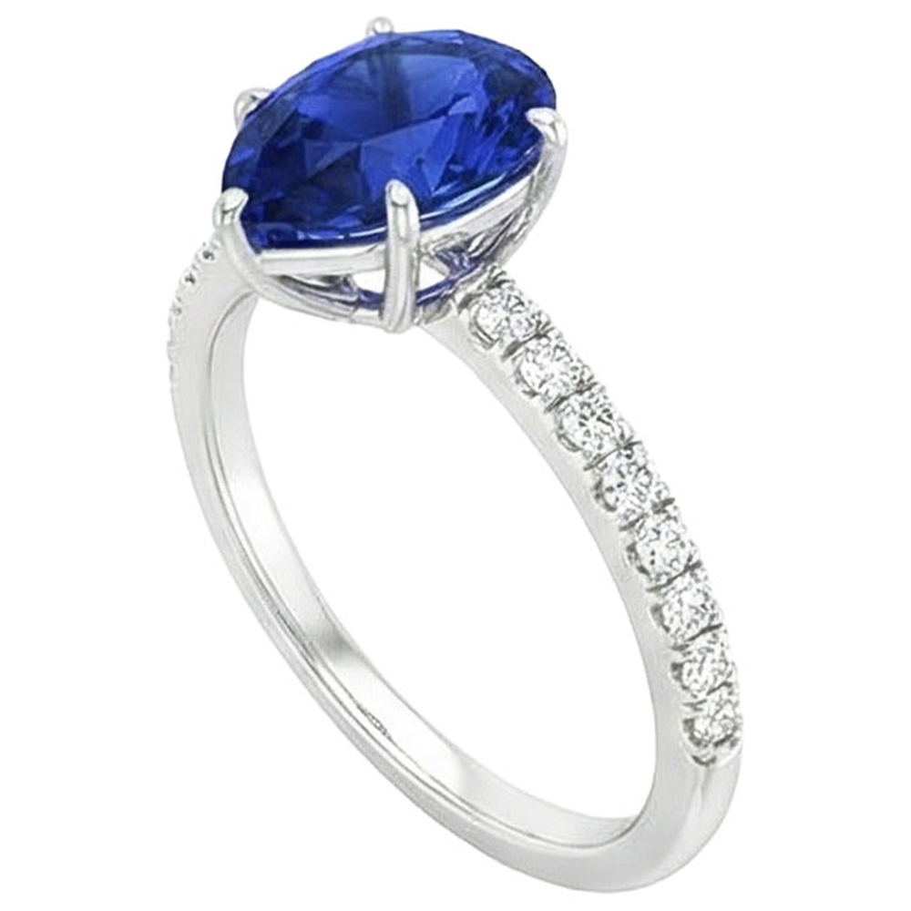 Solitaire Pear Ceylon Sapphire Ring With Accents Pave Set 3.75 Carats