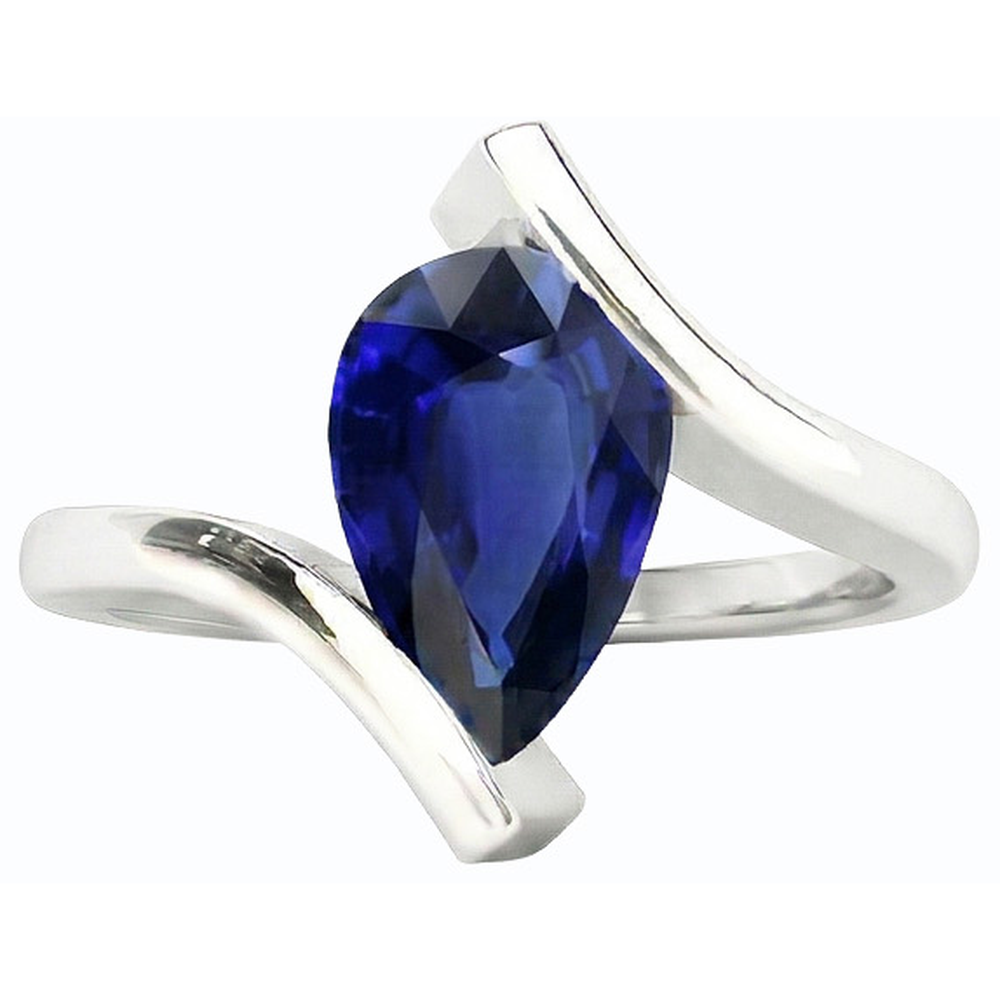 Solitaire Pear Deep Blue Sapphire Ring 14K Gold Tension Style 2 Carats