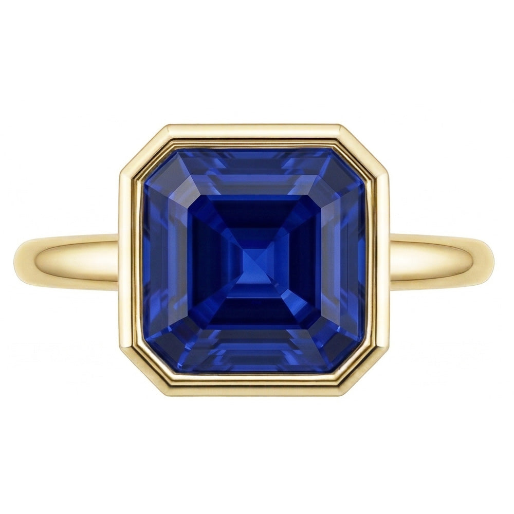 Solitaire Ring 1.50 Carats Bezel Set Asscher Sapphire Yellow Gold 14K