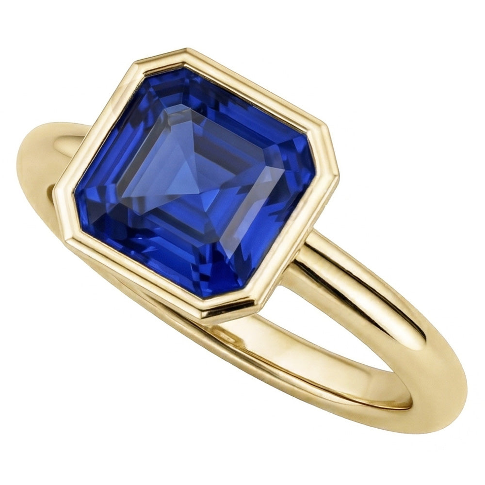 Solitaire Ring 1.50 Carats Bezel Set Asscher Sapphire Yellow Gold 14K