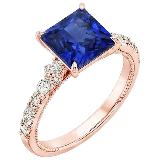 Solitaire Ring Accents Rose Gold Blue Sapphire and Natural Earth Mined Diamond ( Not Lab Grown ) 5.5 Carat