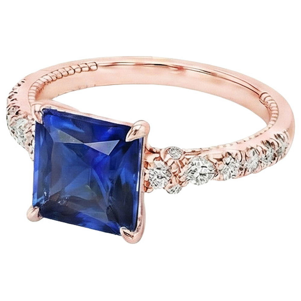 Solitaire Ring Accents Rose Gold Blue Sapphire and Natural Earth Mined Diamond ( Not Lab Grown ) 5.5 Carat