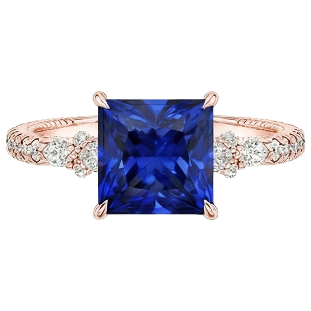 Solitaire Ring Accents Rose Gold Blue Sapphire and Natural Earth Mined Diamond ( Not Lab Grown ) 5.5 Carat