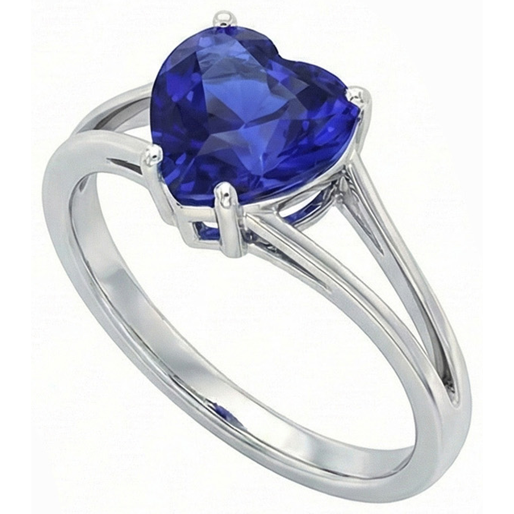 Solitaire Ring Heart Ceylon Sapphire 2 Carats 14K Gold Split Shank
