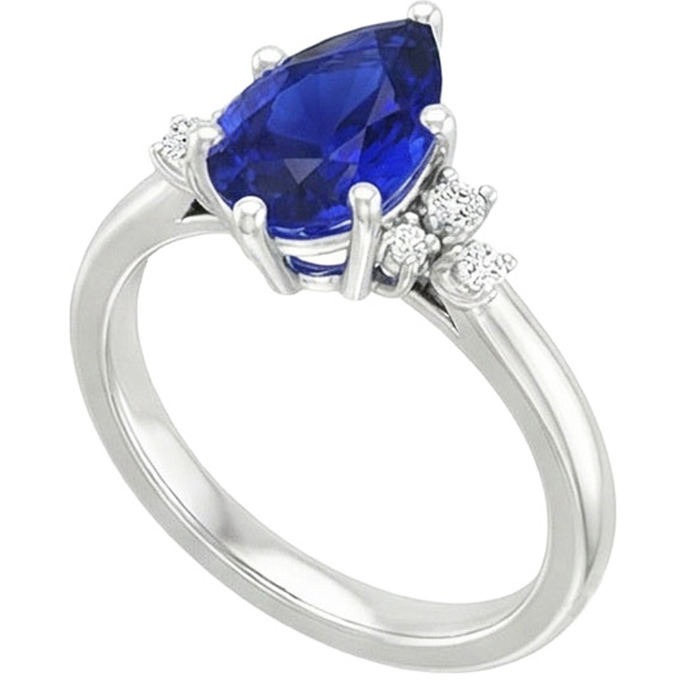 Solitaire Ring Pear Blue Sapphire With Round Natural Earth Mined Diamond ( Not Lab Grown ) Accents 5 Carats