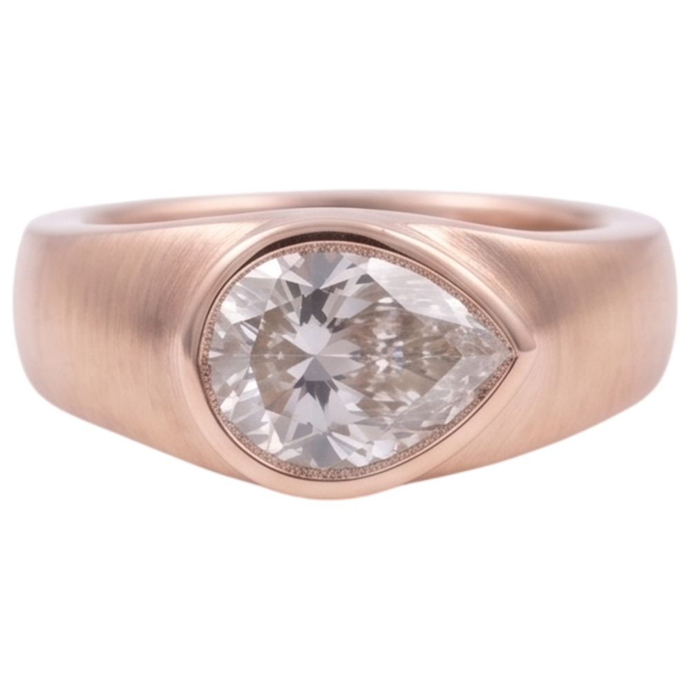 Solitaire Ring Pear Natural Earth Mined Diamond ( Not Lab Grown ) 2 Carats Rose Gold Wood Grain Metal