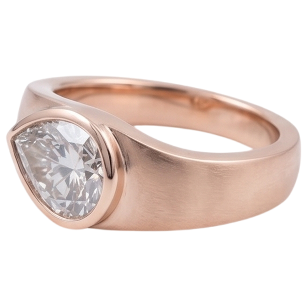 Solitaire Ring Pear Natural Earth Mined Diamond ( Not Lab Grown ) 2 Carats Rose Gold Wood Grain Metal