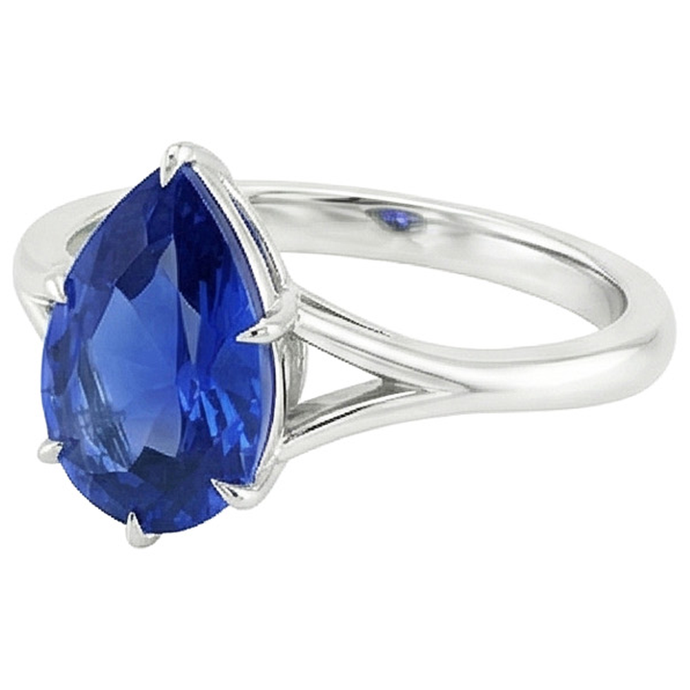 Solitaire Ring Split Shank Pear Cut Blue Sapphire 2.50 Carats