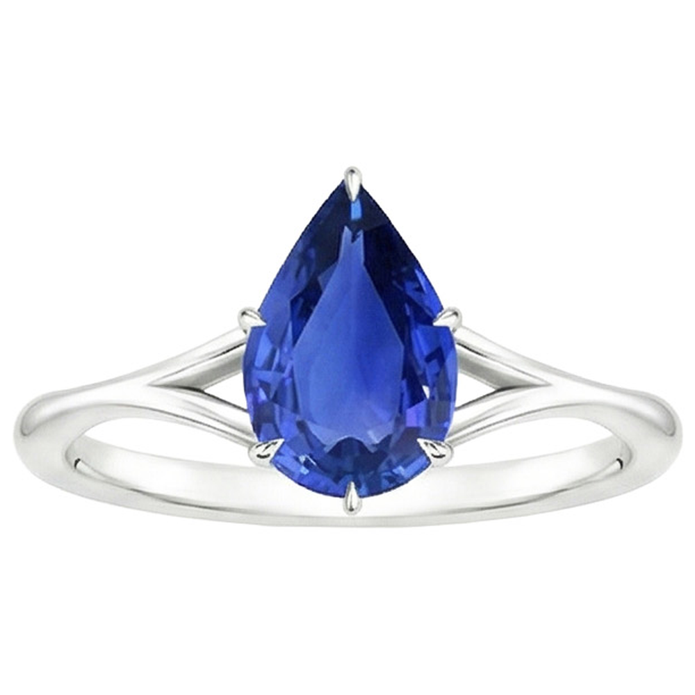 Solitaire Ring Split Shank Pear Cut Blue Sapphire 2.50 Carats