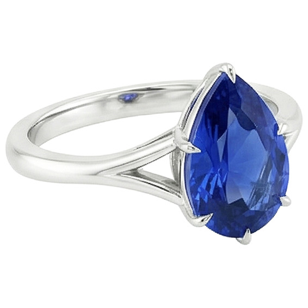 Solitaire Ring Split Shank Pear Cut Blue Sapphire 2.50 Carats