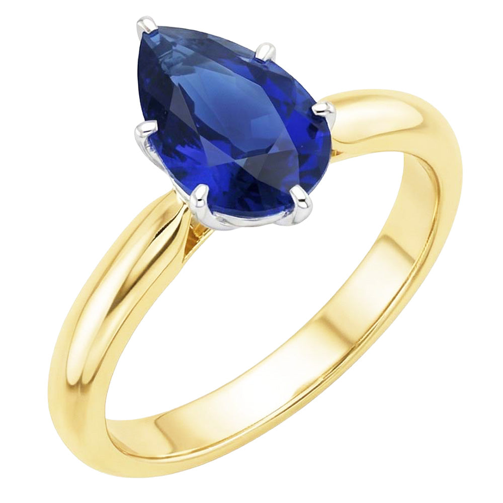 Solitaire Ring Two Tone Pear Ceylon Sapphire 3 Carats
