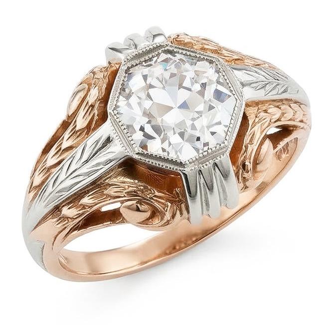 Solitaire Ring Vintage Bezel Set Round Old Mine Cut Real Natural Earth Mined Diamond ( Not Lab Grown ) 2 Carats