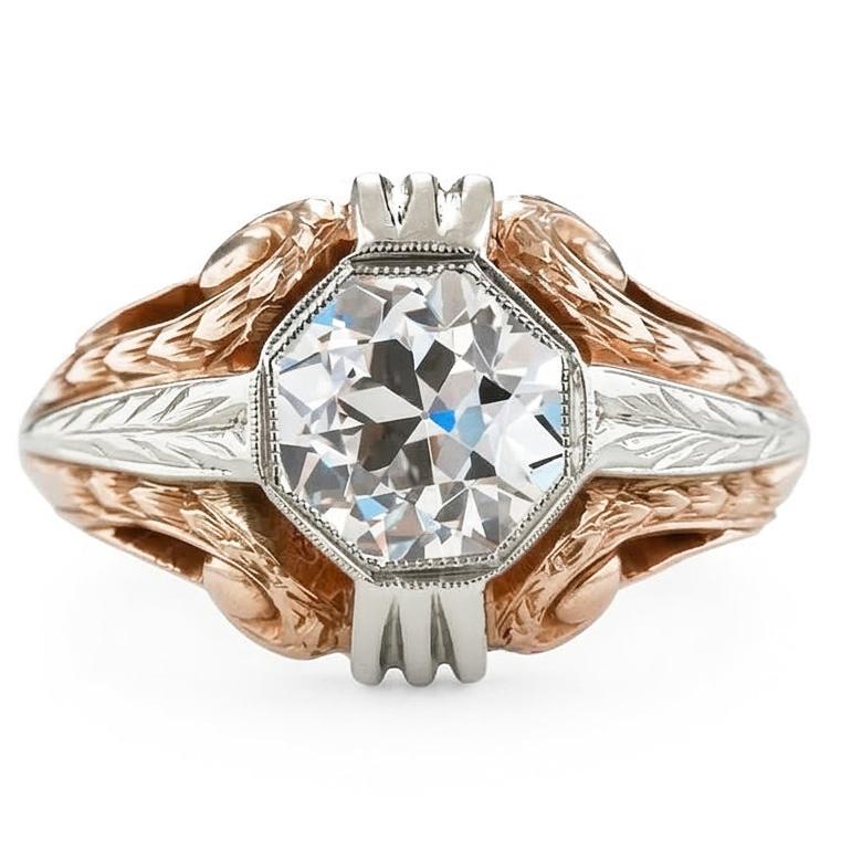 Solitaire Ring Vintage Bezel Set Round Old Mine Cut Real Natural Earth Mined Diamond ( Not Lab Grown ) 2 Carats