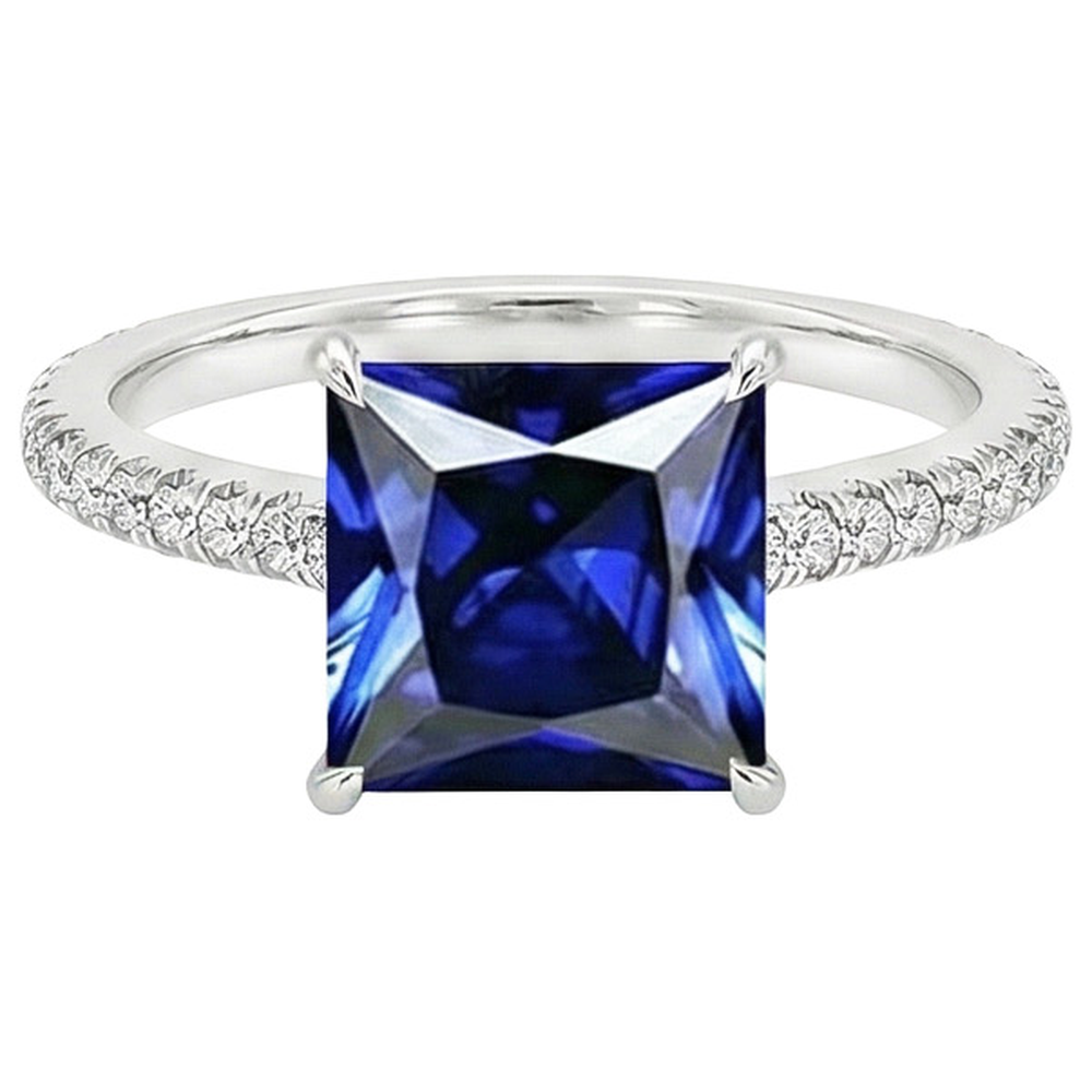 Solitaire Ring With Accents Princess Cut Ceylon Sapphire New 6 Carats