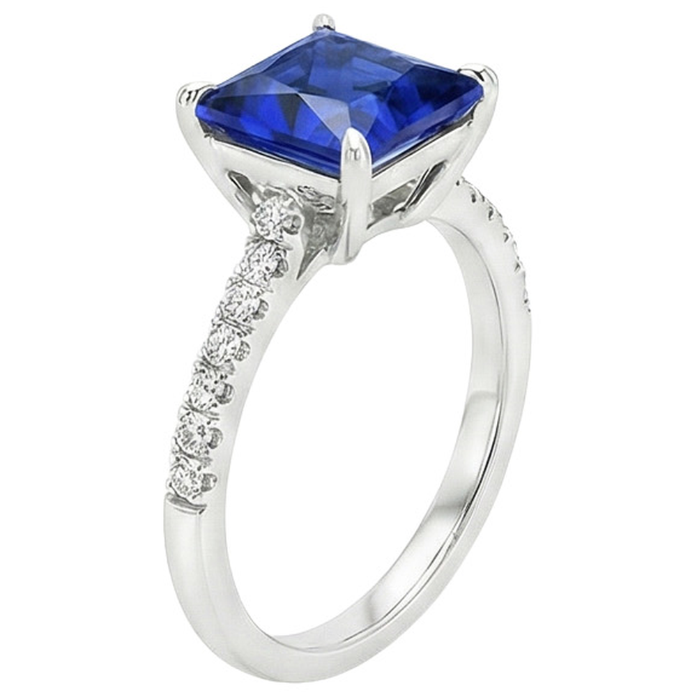 Solitaire Ring With Accents Princess Cut Ceylon Sapphire New 6 Carats