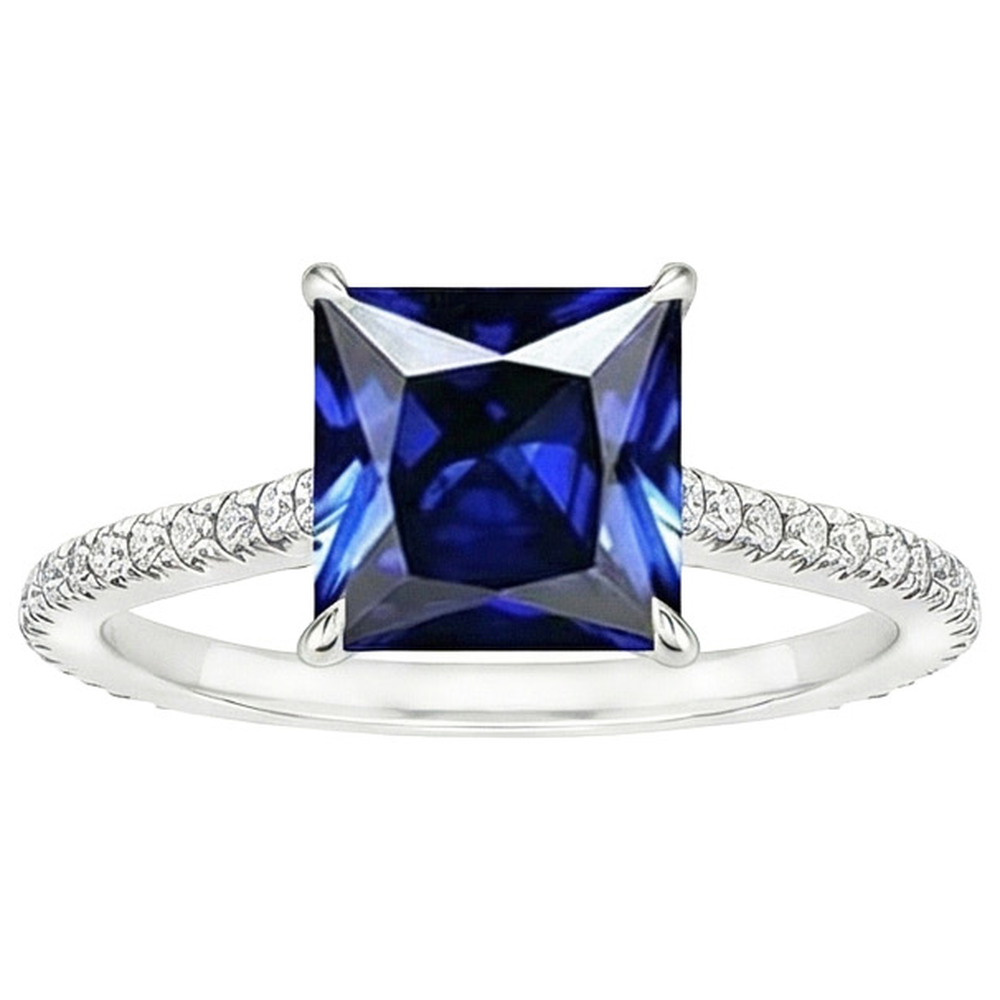 Solitaire Ring With Accents Princess Cut Ceylon Sapphire New 6 Carats