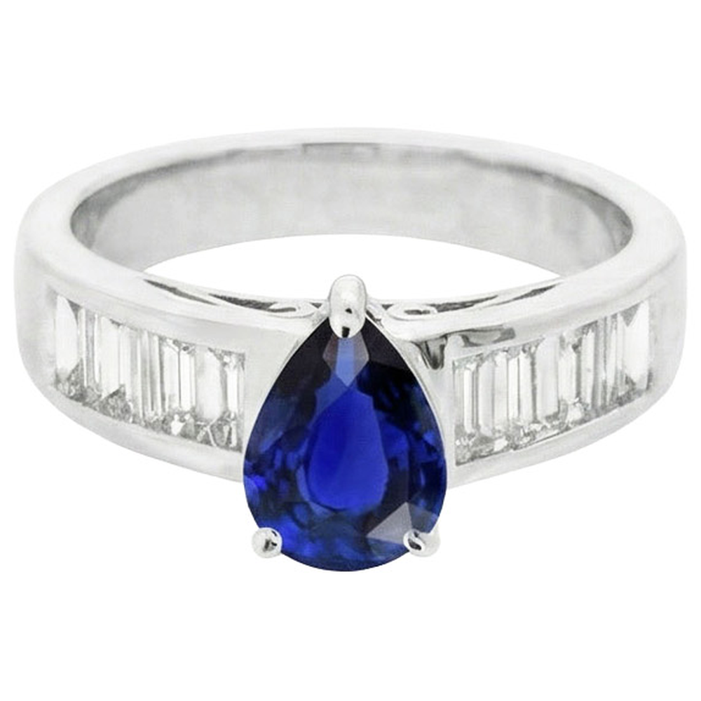 Solitaire Ring With Baguette Natural Earth Mined Diamond ( Not Lab Grown ) Accents Blue Sapphire 3.50 Carats