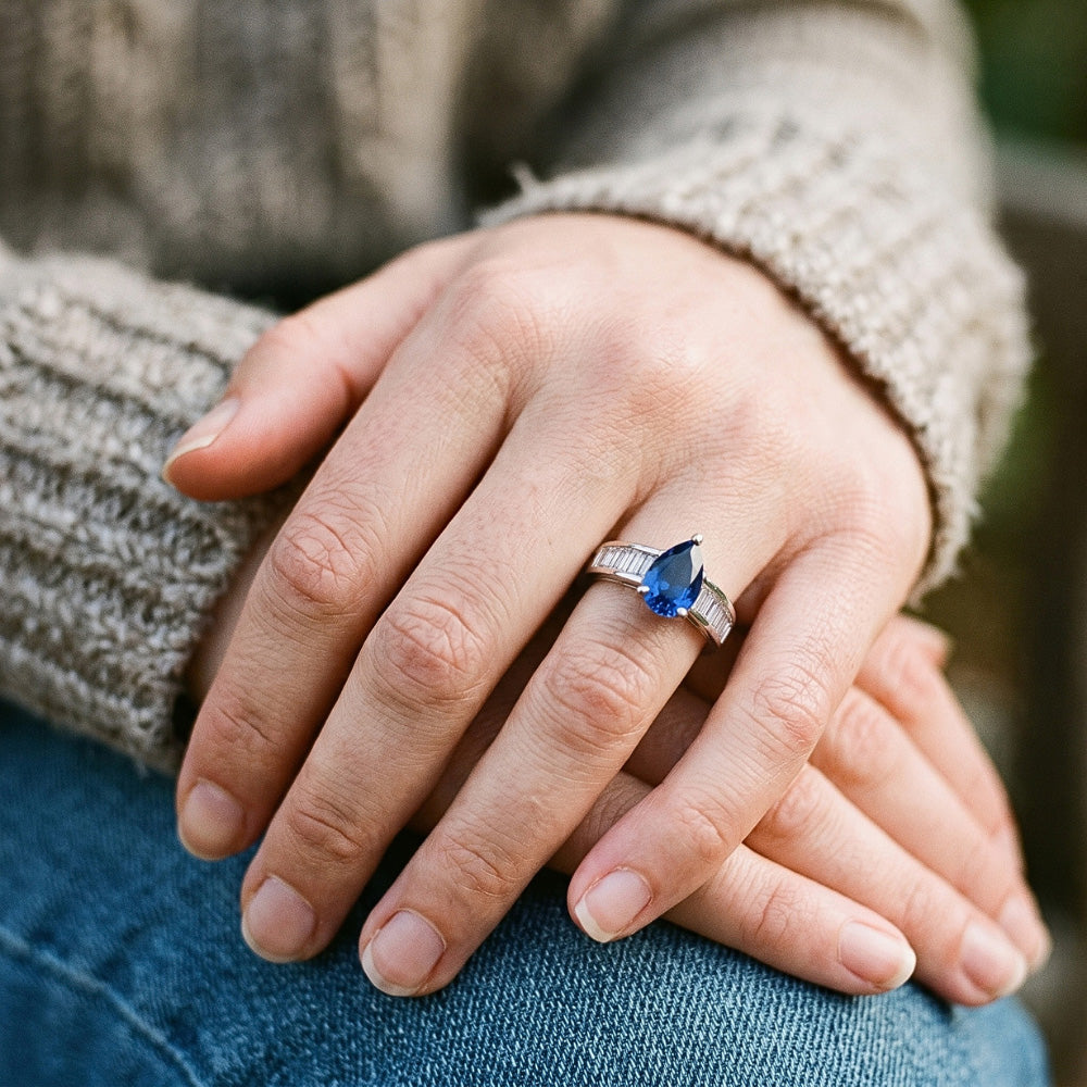 Solitaire Ring With Baguette Natural Earth Mined Diamond ( Not Lab Grown ) Accents Blue Sapphire 3.50 Carats