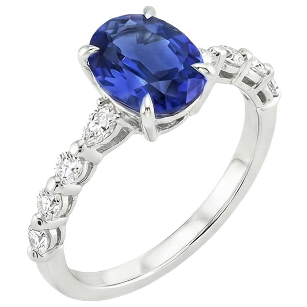 Solitaire Ring With Pear & Round Natural Earth Mined Diamond ( Not Lab Grown ) Accent Blue Sapphire 4 Carats