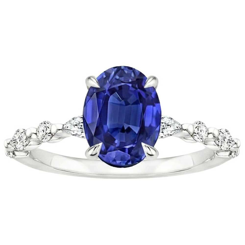 Solitaire Ring With Pear & Round Natural Earth Mined Diamond ( Not Lab Grown ) Accent Blue Sapphire 4 Carats