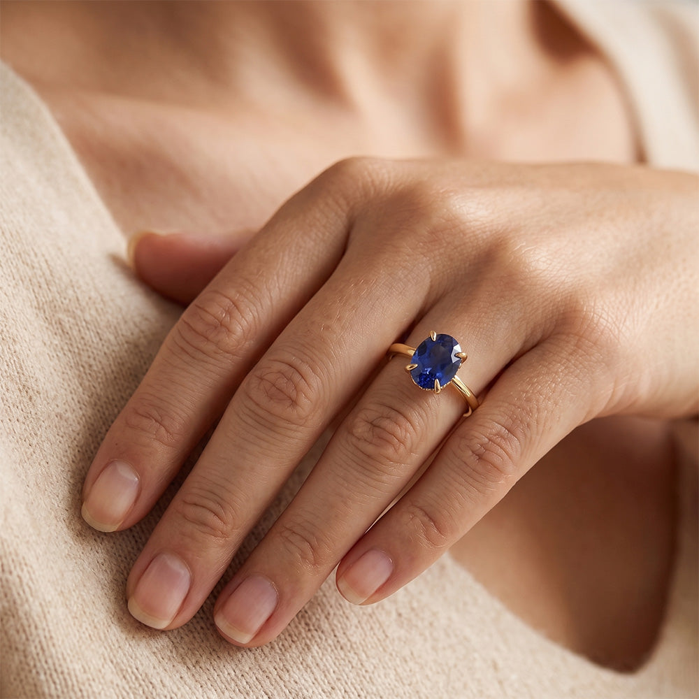 Solitaire Ring Yellow Gold Oval Sri Lankan Sapphire 3.50 Carats