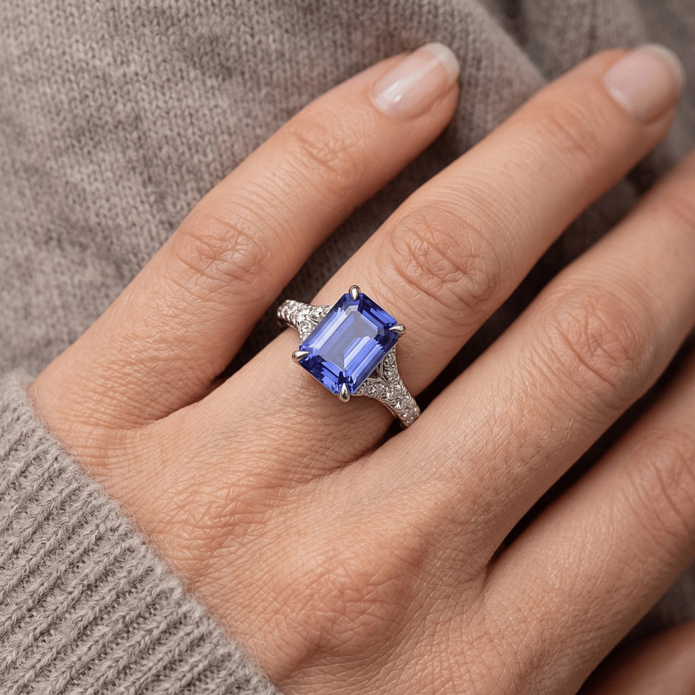 Solitaire Ring with Accents Sri Lankan Sapphire & Natural Earth Mined Diamond ( Not Lab Grown ) 4 Carats