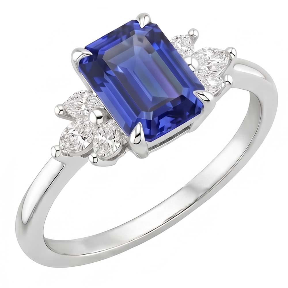 Solitaire Ring with Accents Sri Lankan Sapphire & Pear Stone 4 Carats