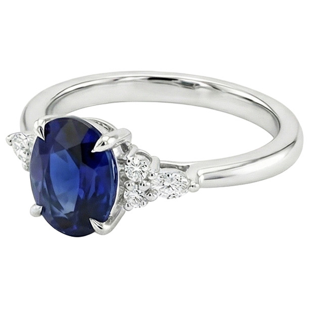 Solitaire Sapphire Ring With Marquise & Round Natural Earth Mined Diamond ( Not Lab Grown ) Accents 3 Carats
