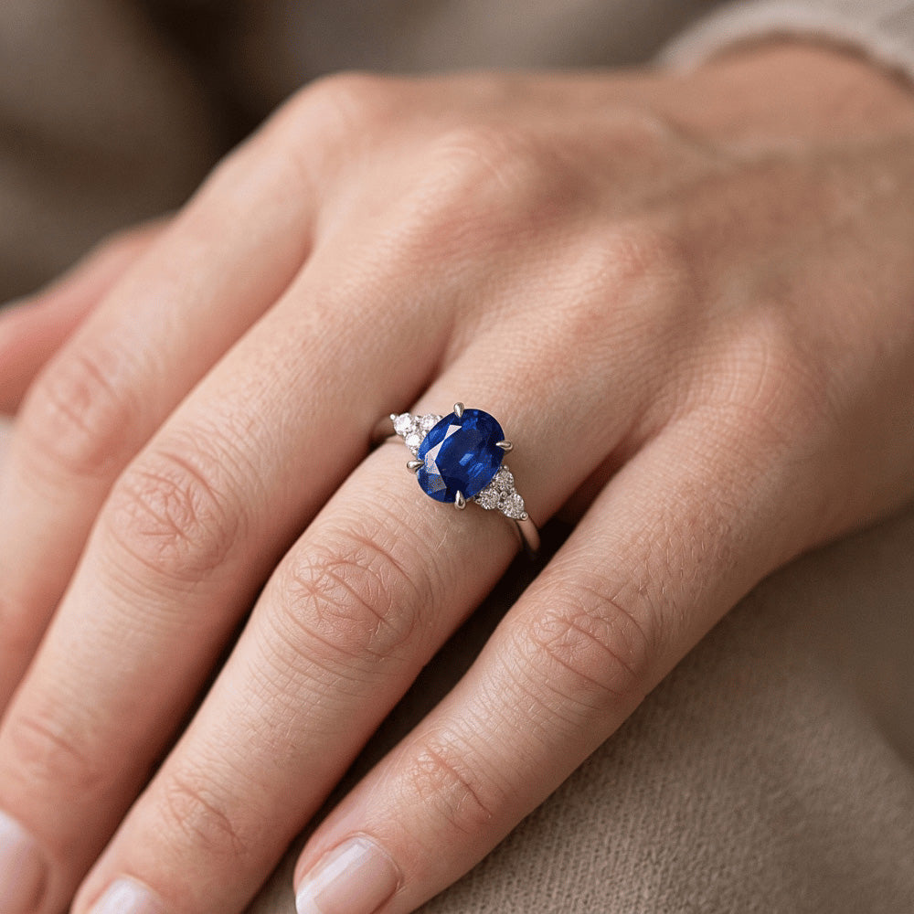 Solitaire Sapphire Ring With Marquise & Round Natural Earth Mined Diamond ( Not Lab Grown ) Accents 3 Carats