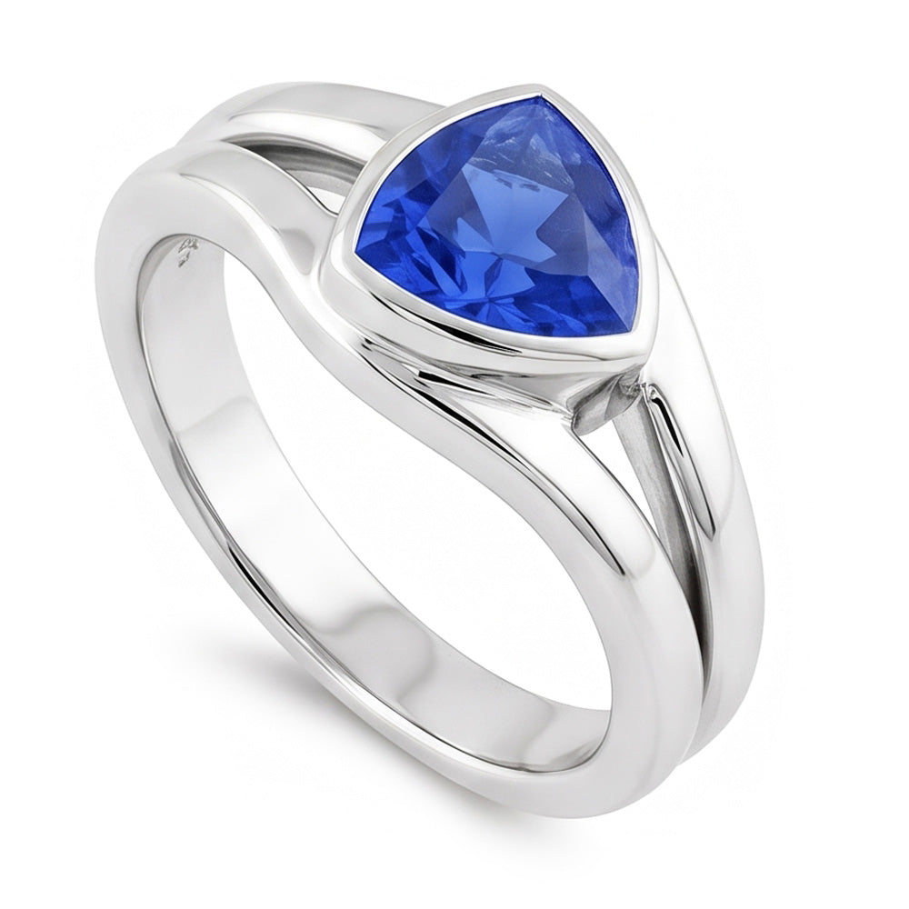 Solitaire Wedding Ring Set Trillion Sapphire 1.50 Carats Bezel Set