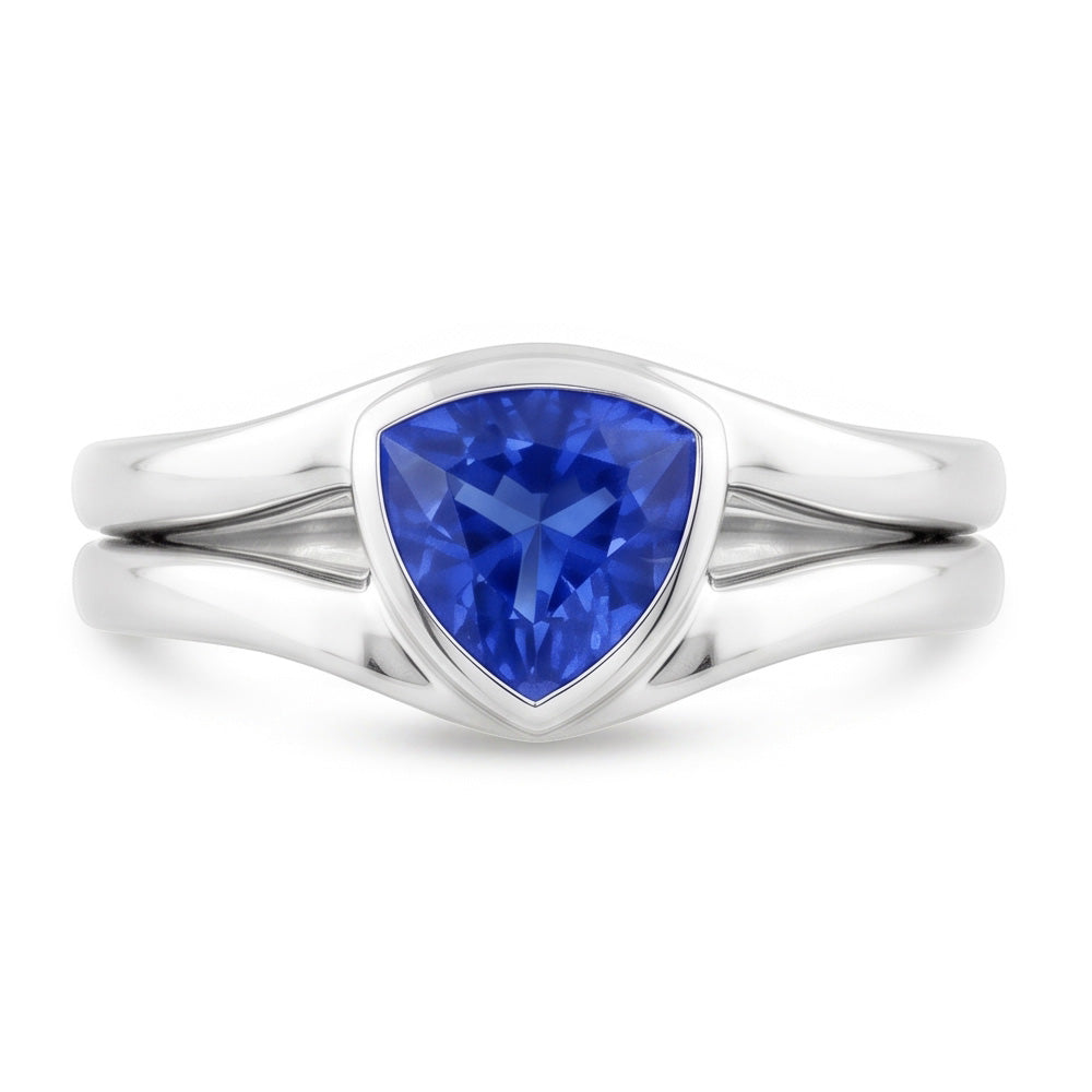 Solitaire Wedding Ring Set Trillion Sapphire 1.50 Carats Bezel Set