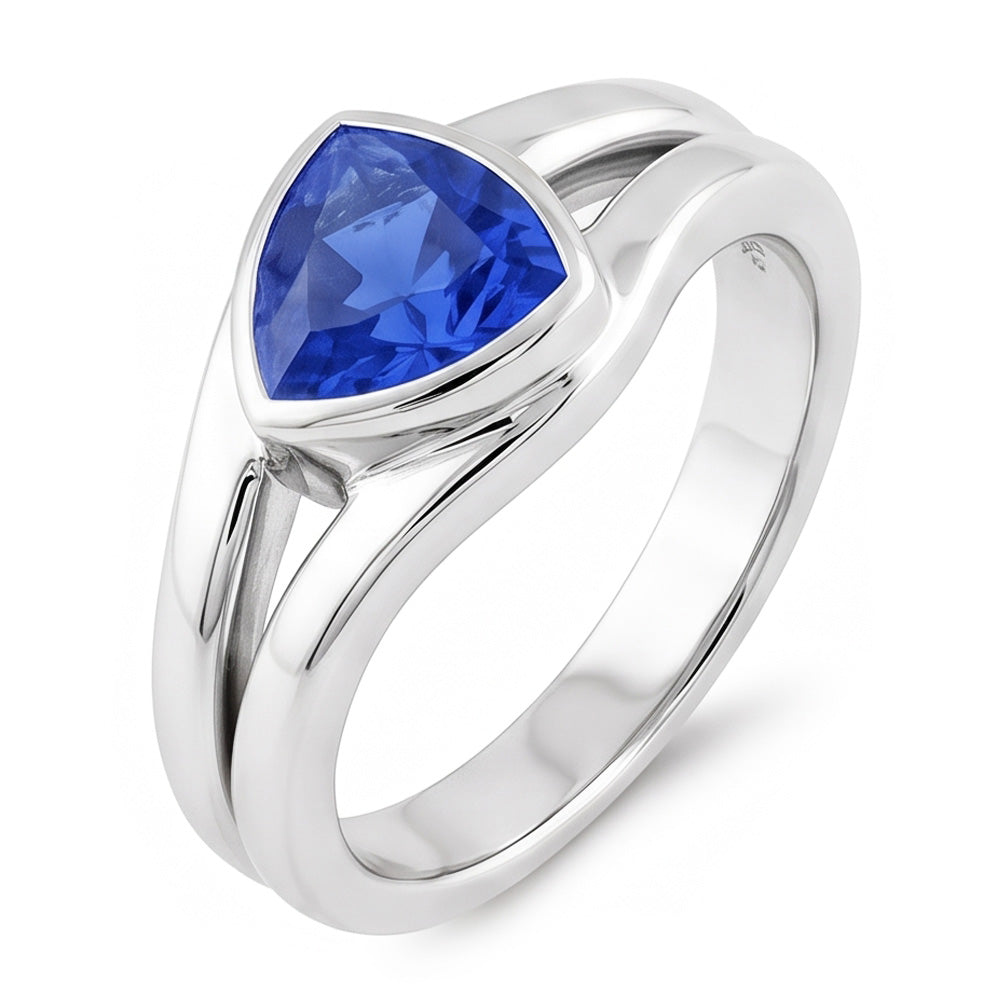 Solitaire Wedding Ring Set Trillion Sapphire 1.50 Carats Bezel Set