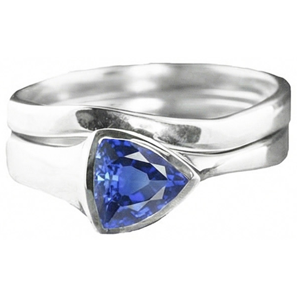 Solitaire Wedding Ring Set Trillion Sapphire 1.50 Carats Bezel Set