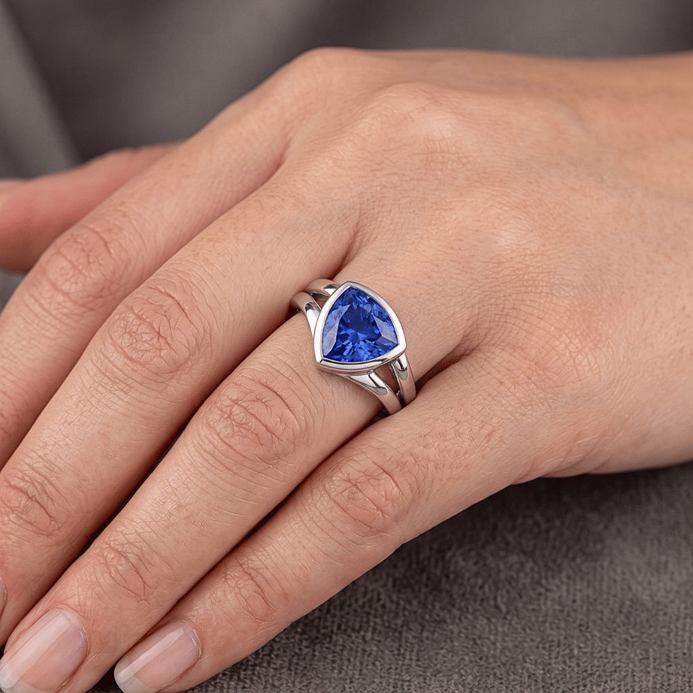 Solitaire Wedding Ring Set Trillion Sapphire 1.50 Carats Bezel Set