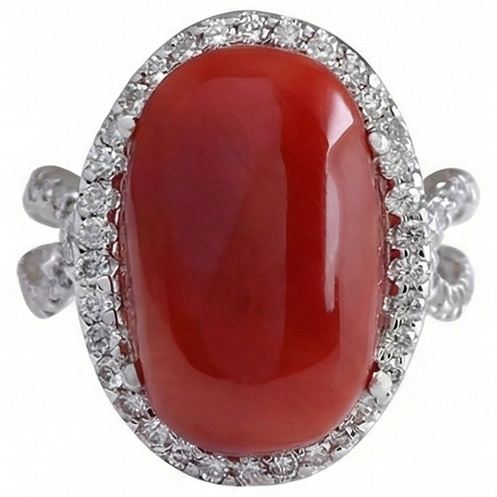 Solitaire With Accent 13.75 Ct Red Coral And Natural Earth Mined Diamond ( Not Lab Grown )s Ring New