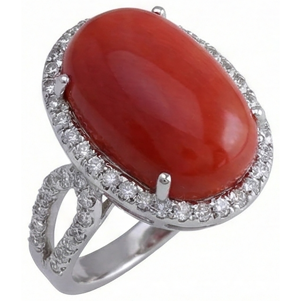 Solitaire With Accent 13.75 Ct Red Coral And Natural Earth Mined Diamond ( Not Lab Grown )s Ring New