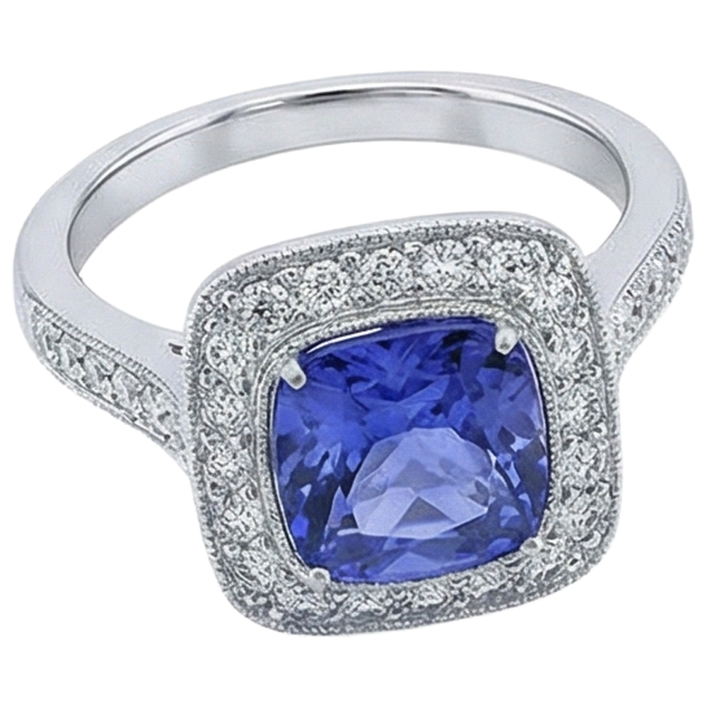 natural round tanzanite 18ct ring close up detail