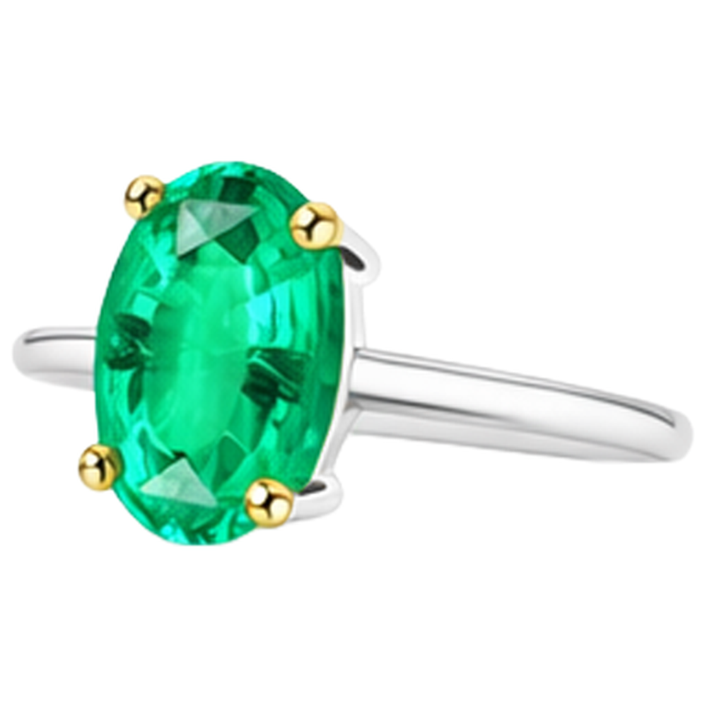 Emerald Oval Cut Gemstone Ring in 14K Two Tone Gold – top view