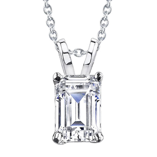 Solitaire Emerald Cut Real Diamond Pendant Necklace 2 Ct. White Gold 14K