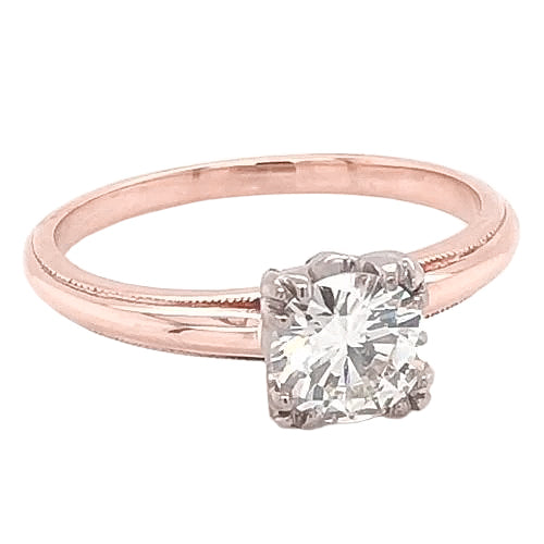 Solitaire Engagement Ring 1 Carat Claw Prong Milgrain Two Tone Gold 14K Natural Earth Mined Diamond