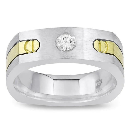 Solitaire Euro Shank Men Ring Two Tone Round Genuine Diamond