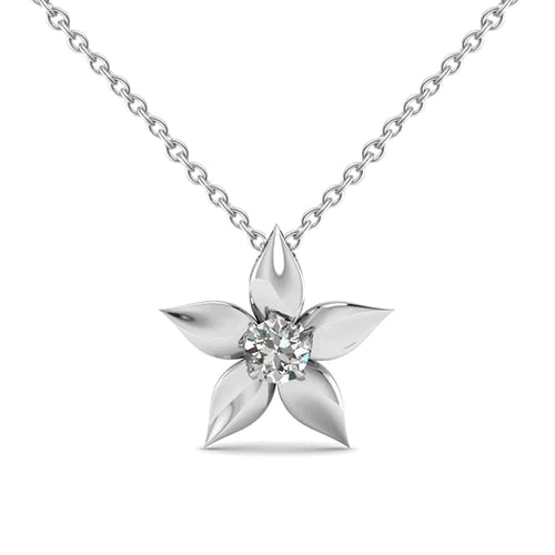 Solitaire Flower Style Real Diamond Pendant Necklace 0.75 Carat WG 14K