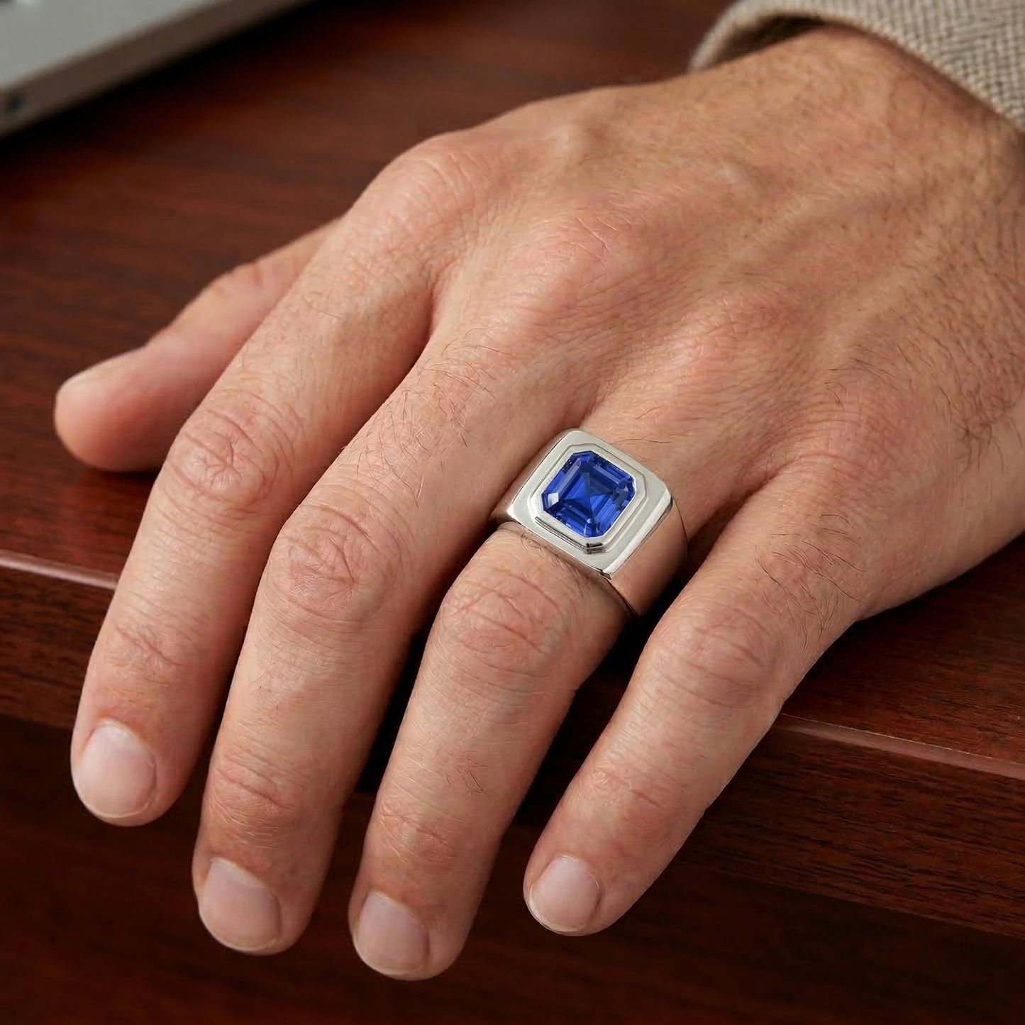 Solitaire Men's Ring 1.50 Carats Flush Set Blue Sapphire Asscher Cut