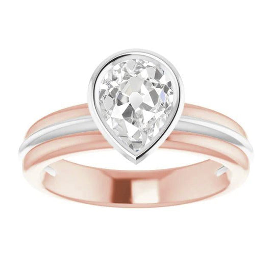 Solitaire Pear Old European Genuine Diamond Ring Bezel Set 2.20 Carats