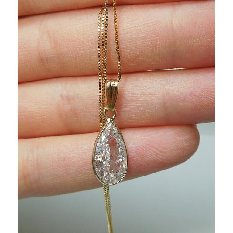 Solitaire Pear Real Diamond Pendant Necklace 2.25 Carats Yellow Gold 14K