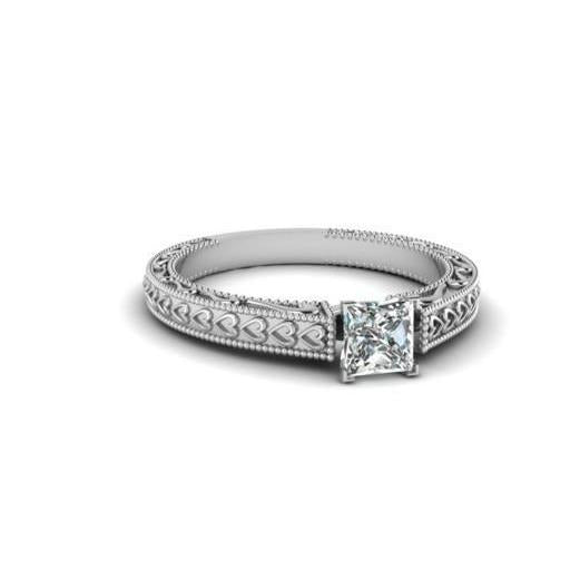 Solitaire Princess 1 Carat Natural Diamond Antique Look Ring White Gold 14K