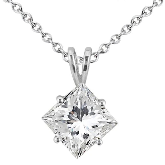 Solitaire Princess Cut Genuine Diamond Pendant Necklace 2.25 Ct Four Prong Set