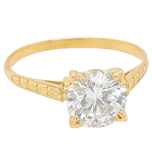 Solitaire Real Diamond Ring 2 Carats Milgrain Yellow Gold Ladies Jewelry