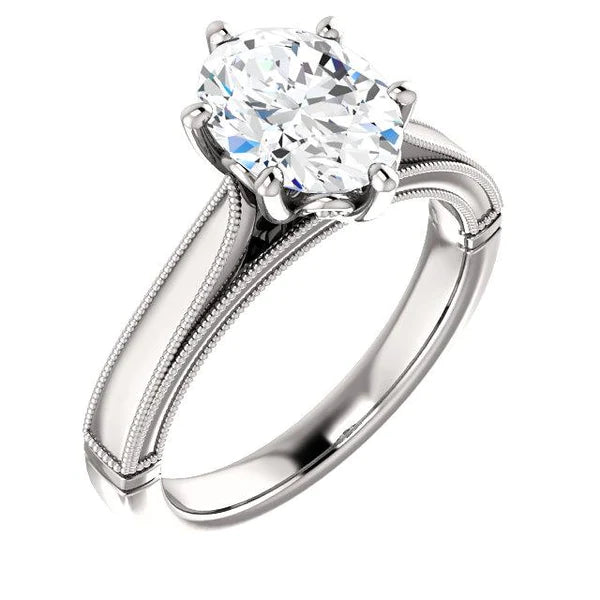 Solitaire Ring 4 Carats Real Diamond Oval Vintage Style Milgrain Jewelry