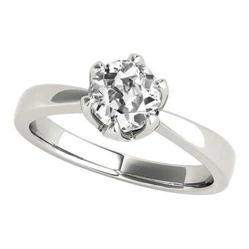 Solitaire Ring Old Cut Natural Diamond 6 Prong Set Gold 1.50 Carats Tapered Shank